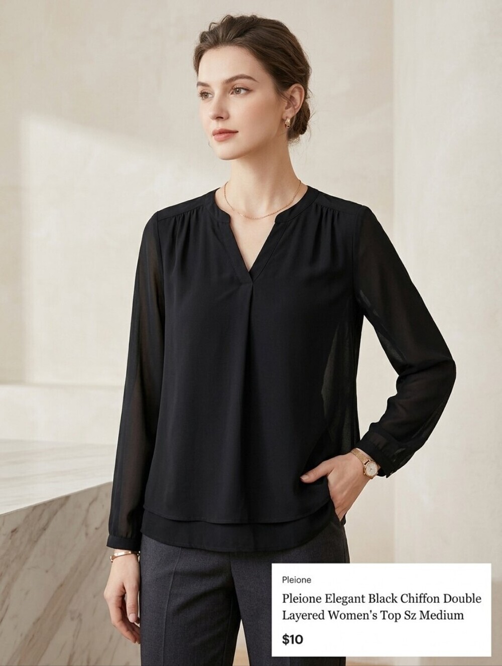 Pleione Elegant Black Chiffon Double Layered Women's Top Sz Medium